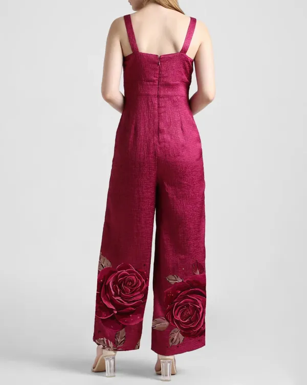 Dark Pink Jacquard Rose Print Shimmer Jumpsuit