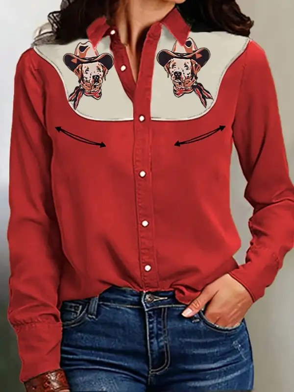Women's Retro Western Dog With Cowboy Hat Print Casual Shirt
