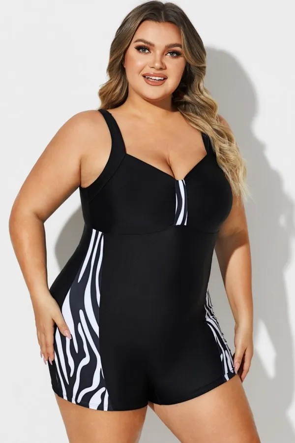 Black & White V-Neck Shorty Sports One Piece Swimsuit