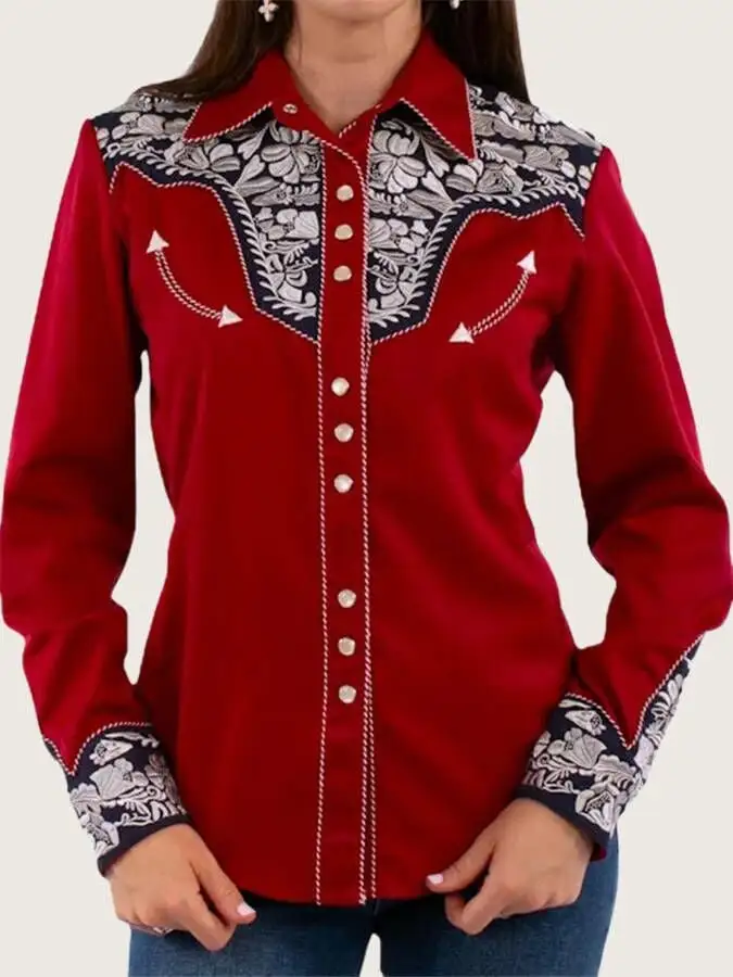 Women's Vintage Western Art Print Casual Linen Shirt