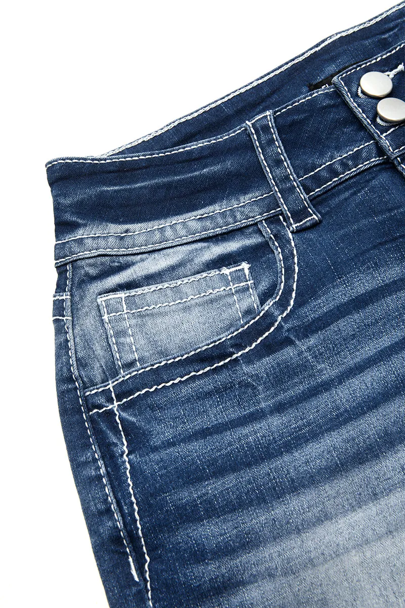 Embroidery Flap Detail Raw Hem Mid Rise Denim Shorts