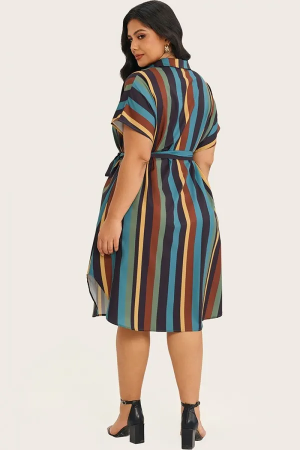 Striped Block Dolman Sleeve Belted Midi Dress