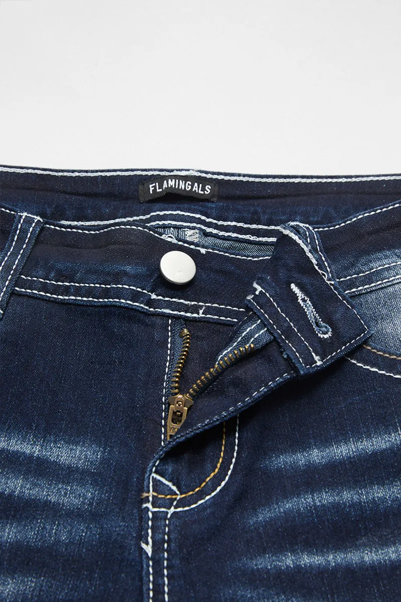 Ripped Stitch Pocket Wash Stretchy Low Waist Capri Jeans
