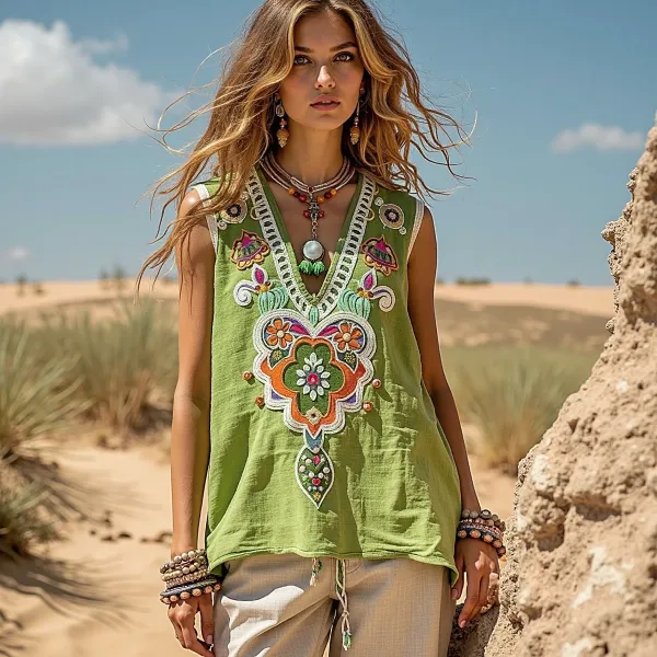 Women's Bohemia Ethnic Art Linen V-neek Sleeveless Top