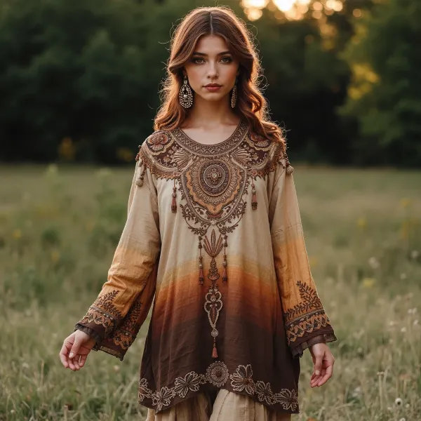 Boho Gradient Tassel Floral Embroidered Linen Round Neck Long Sleeve Blouse