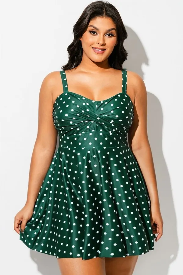 Green Polka Dot Crossover Flutter Hem Swimdress