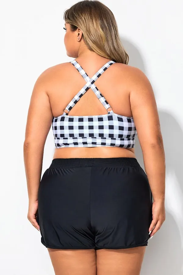 Retro Gingham Wireless Ruched Cups Crossback Bikini Top