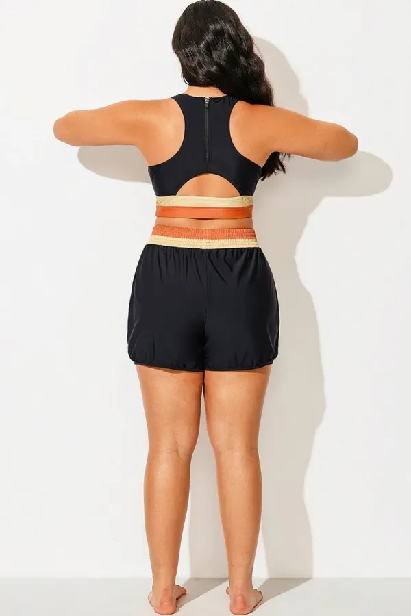 Plus Size Black Colorblock Mid Waist Women Shorts