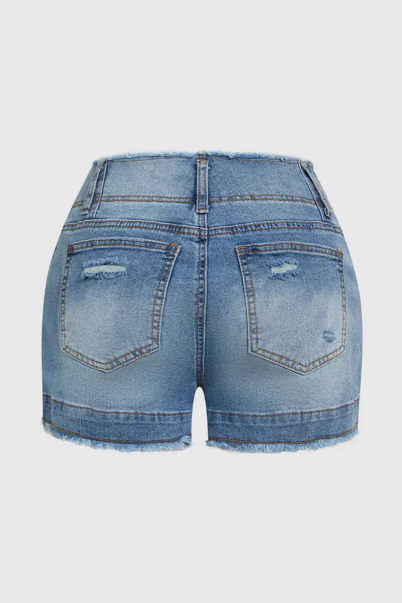 Raw Trim Ripped Dual Button High Waist Denim Shorts
