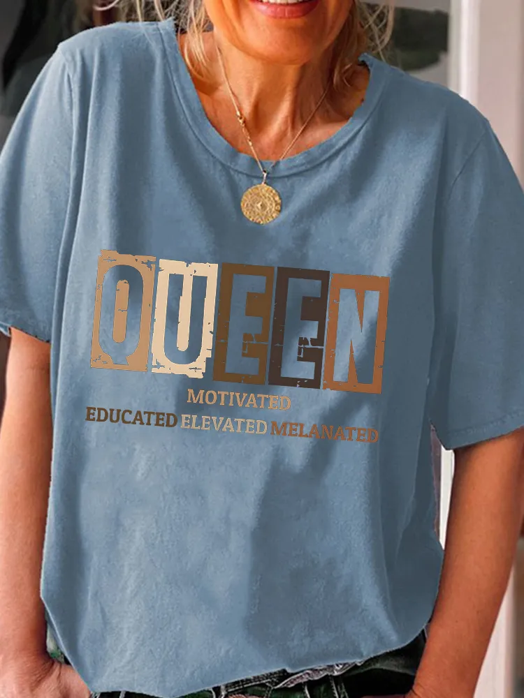 Women'S Queen Motivated Educated Elevated Melanated Round-Neck Short-Sleeved T-Shirt