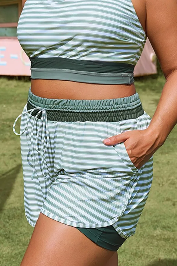 Plus Size Green Striped Mid Waist Women Shorts