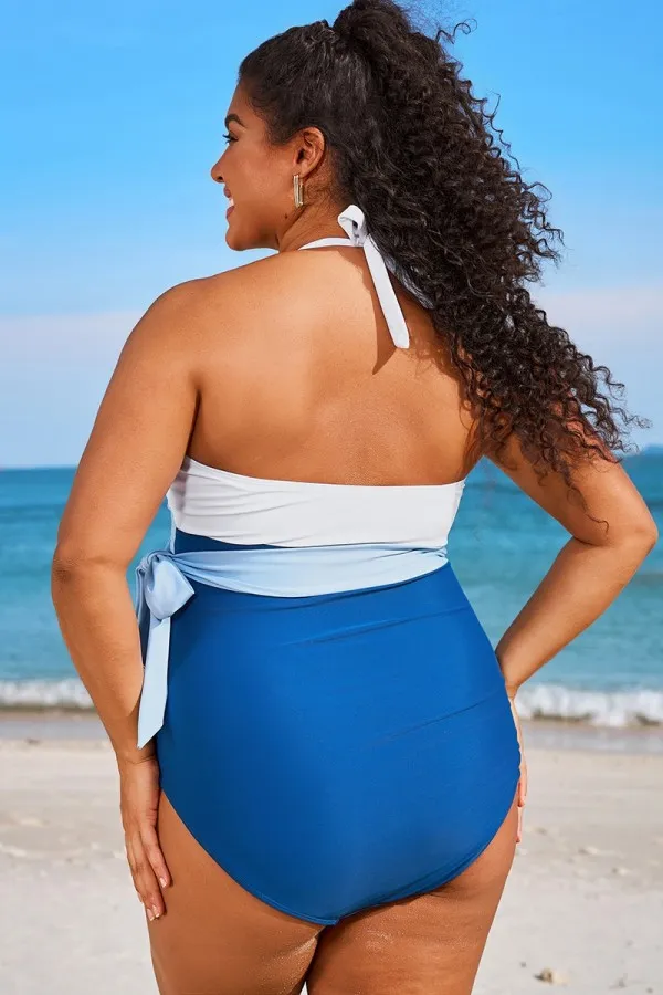 Colorblock Halter Wrap Design One Piece Swimsuit