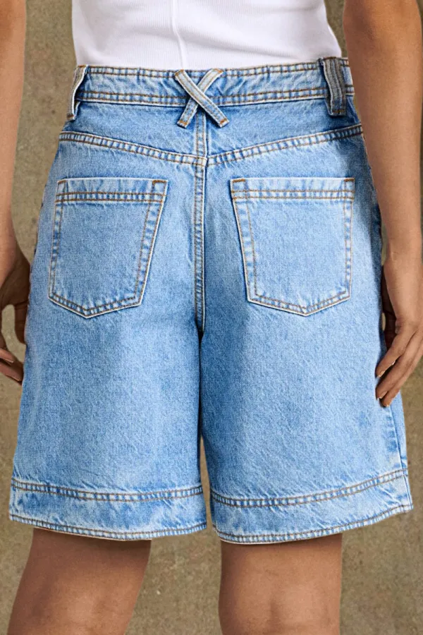 Seam High Rise Criss Cross Back Denim Bermuda Shorts