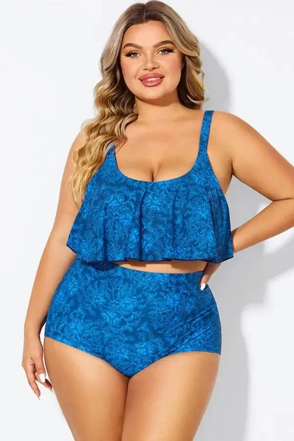 Navy Blue Floral Print Hem Bikini Top