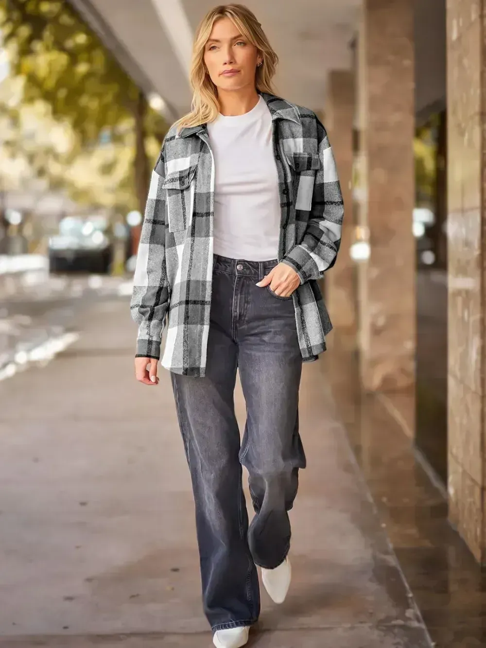 Womens Casual Plaid Shacket Button Down Long Sleeve Shirt