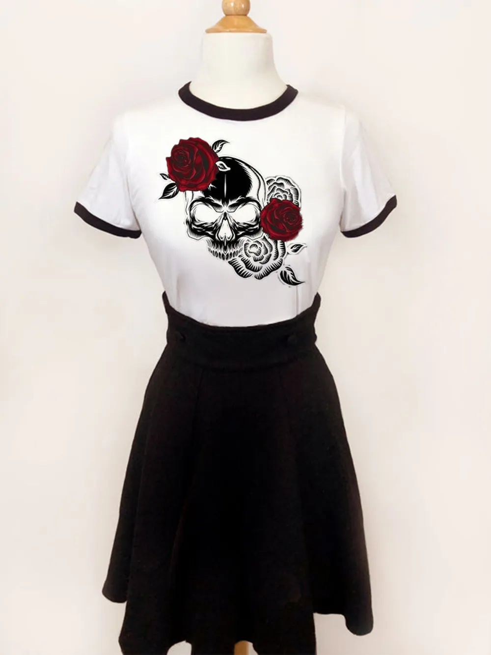 Skull Flower Relaxed Ringer Tee In Black Edge