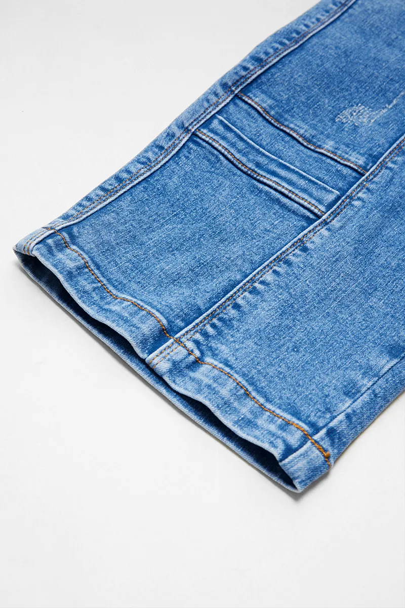 Wash Seam Front Button Fly High Rise Denim Bermuda Shorts