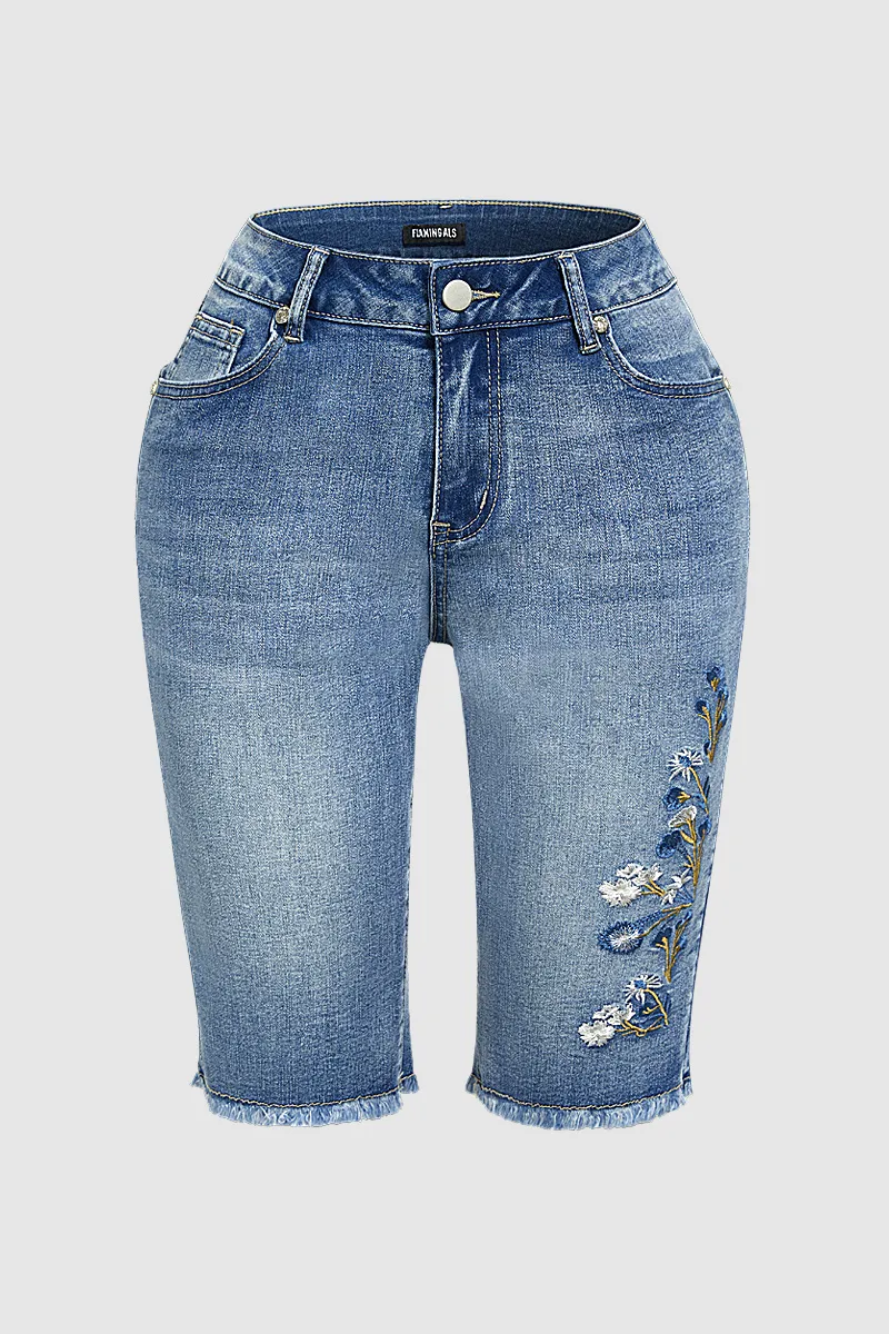 Floral Embroidery Raw Hem Mid Rise Denim Bermuda Shorts