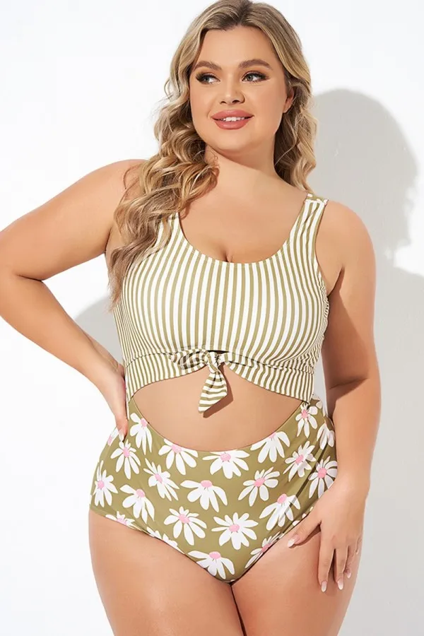 Leopard Print Stripe Knotted One Piece Swimsuit