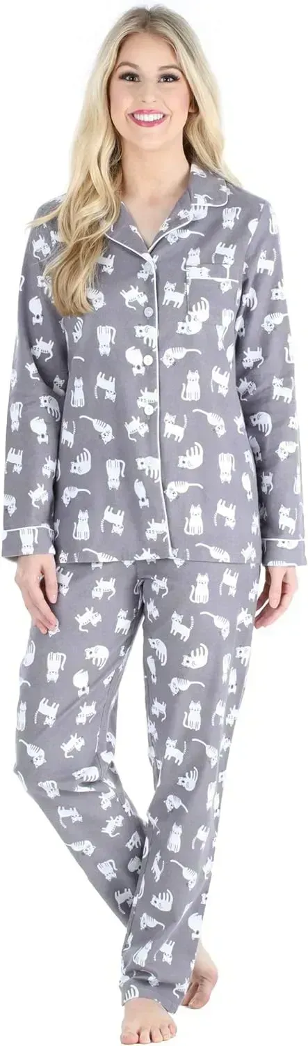 Women's Cotton Flannel Long Sleeve Button-Down Pajamas PJ Set