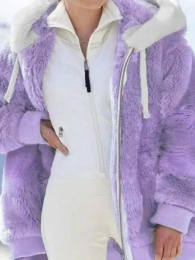 Women's Zip Hoodie Sweatshirt Fleece Jacket Pullover Sherpa Fleece Teddy Zipper Green Blue Purple Plain Round Neck Long Sleeve S M L XL 2XL 3XL / Winter / Fleece lined