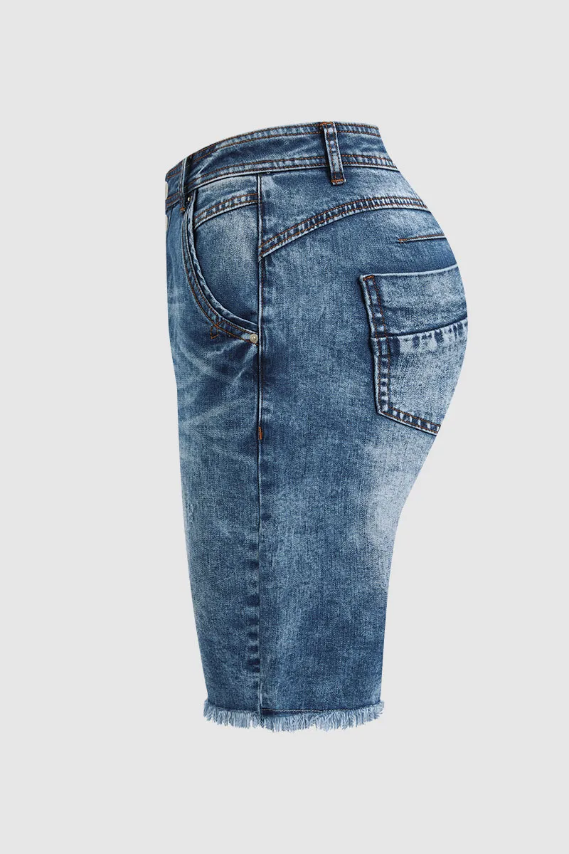 Button Fly Raw Hem Mid Waist Denim Mid Thigh Shorts