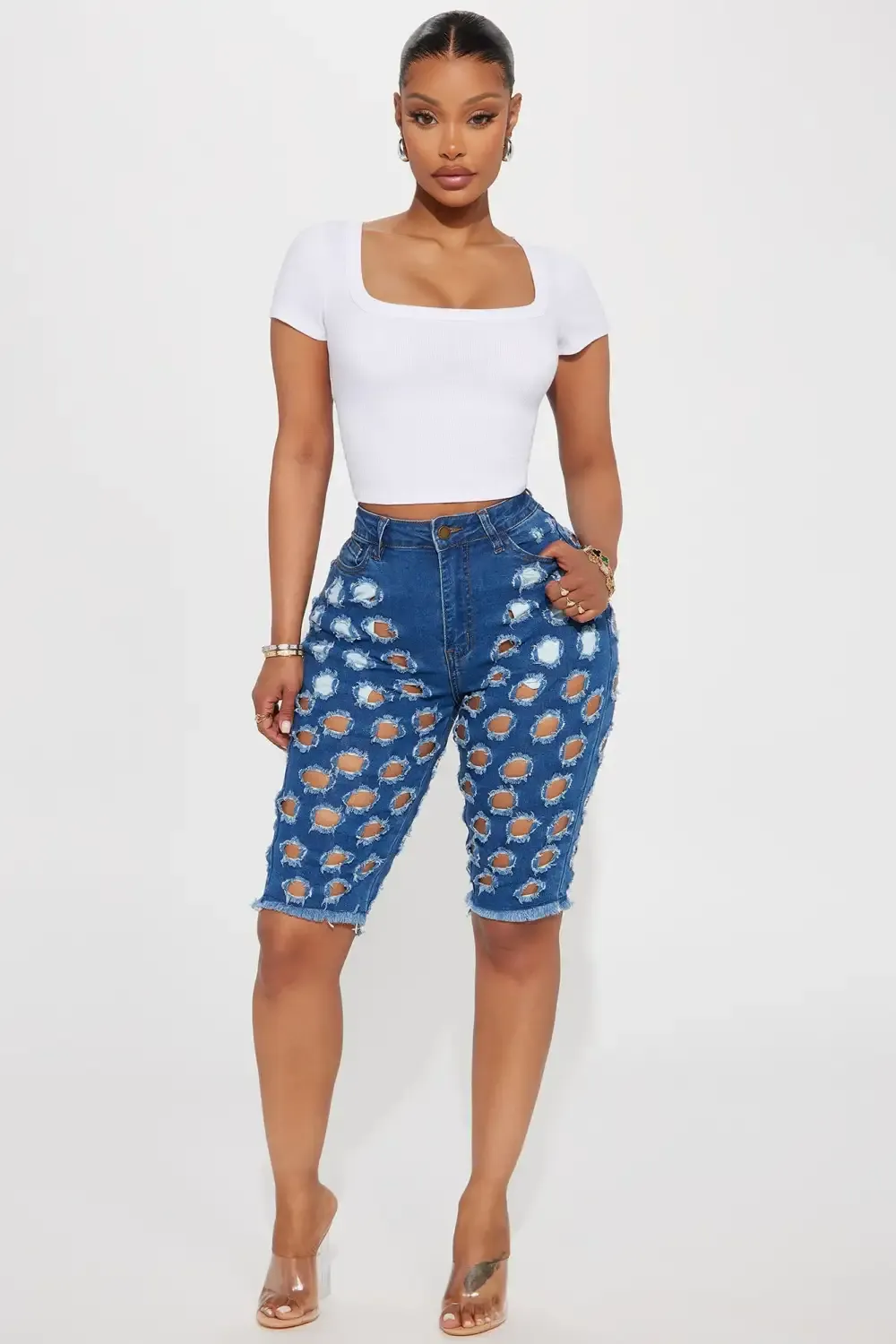 Vidia Stretch Ripped Denim Bermuda Shorts - Medium Wash