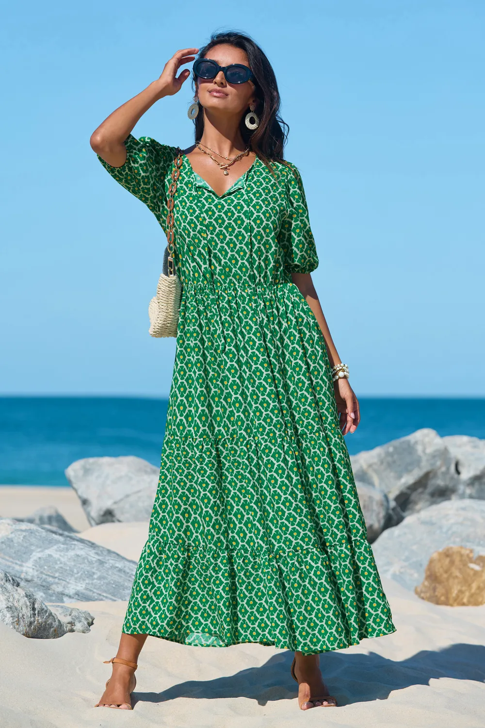 Boho Floral Notched Neck Puff Sleeve Midi Dress