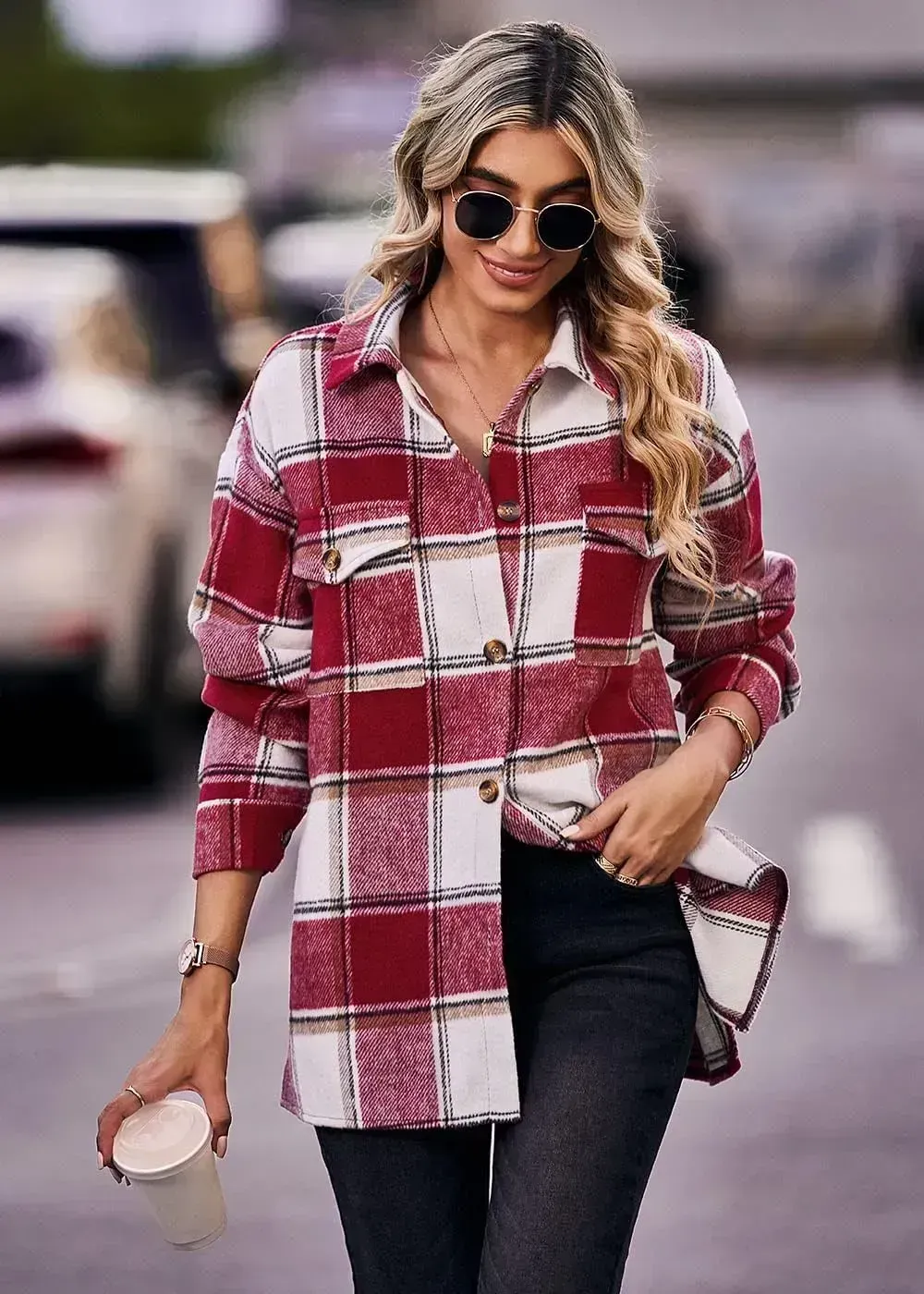 Women's 2023 Fall Clothes Plaid Shacket Jacket Long Sleeve Button Down Flannel Shirts Fashion Blouse