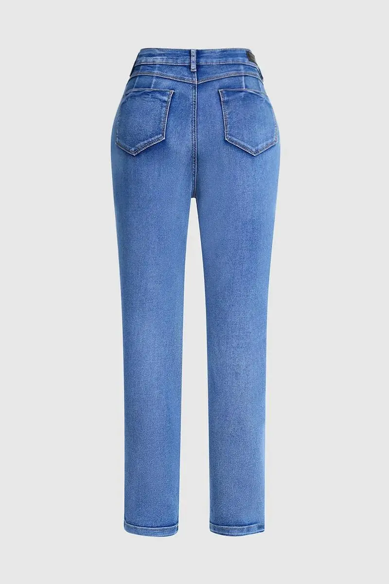 Ripped Double Button Wash Stretchy High Waist Skinny Jeans