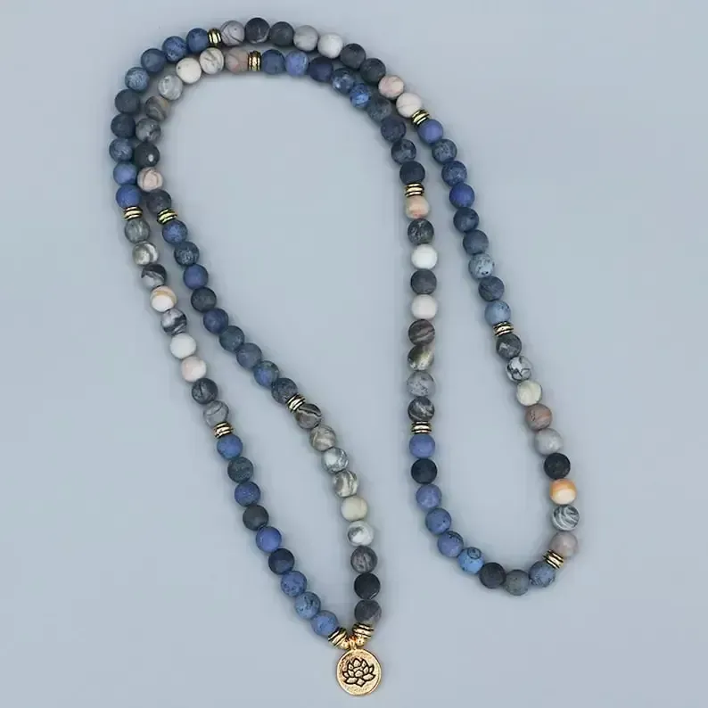 108 Beads Mala Lotus Bracelet-Mala Prayer Bead Necklace-8MM Matte Blue Stone Bracelet-Meditation Yoga Bracelet-Spiritual Chakra Bracelet