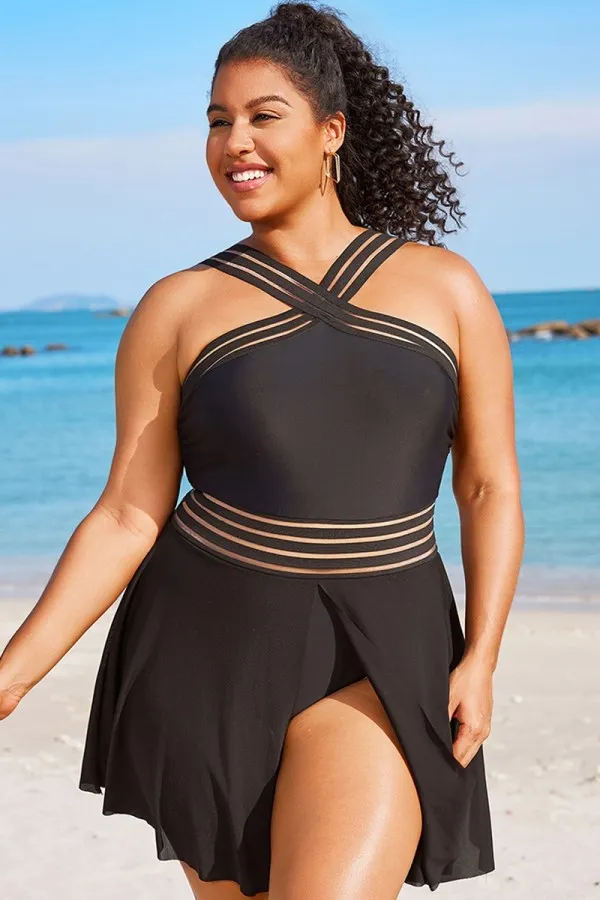 Black Crossover Mesh Vintage One Piece Swimsuit