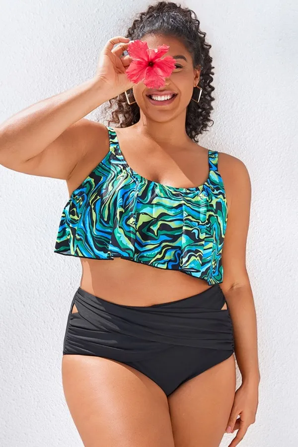Black Abstract Print Scoop Neck Bikini Top