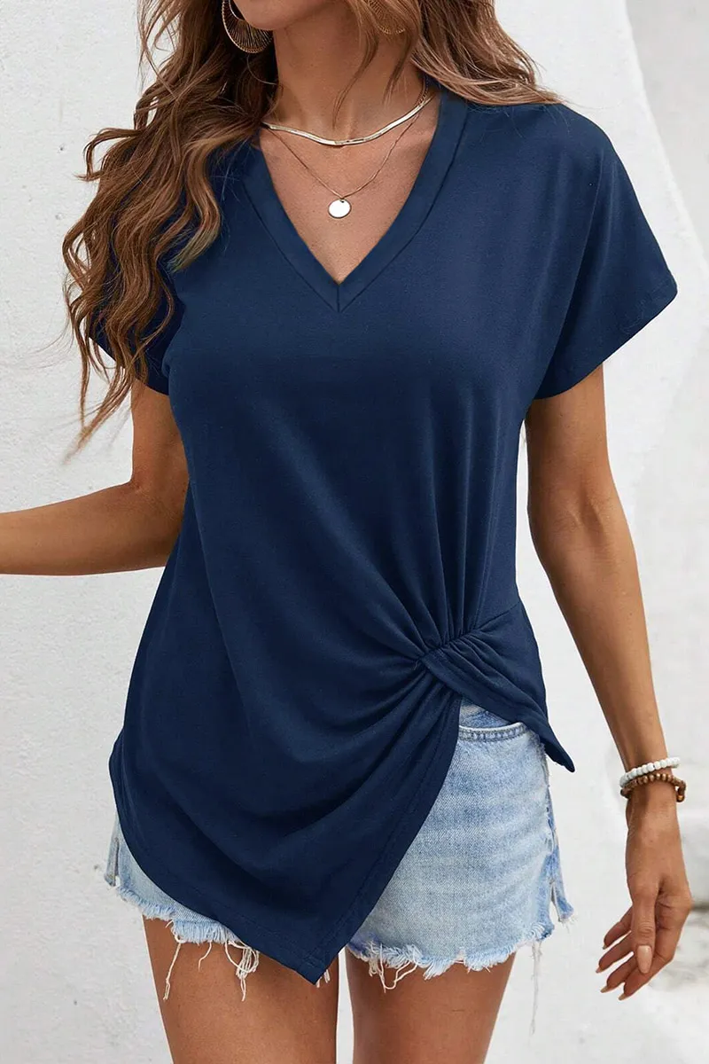 Solid Ruched Split Hem V Neck Short Sleeve T-Shirt