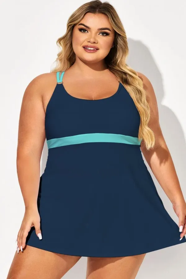 Plus Size Blue Colorblock Crossback Swimdress
