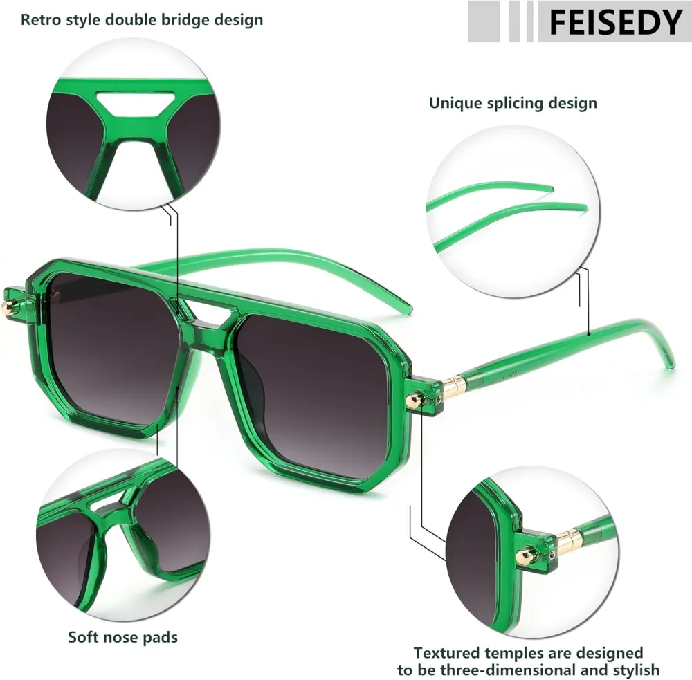 FEISEDY Vintage Square 70s Flat Aviator Sunglasses Women Men Classic Retro Stylish Frame UV400 Sunglasses B2622