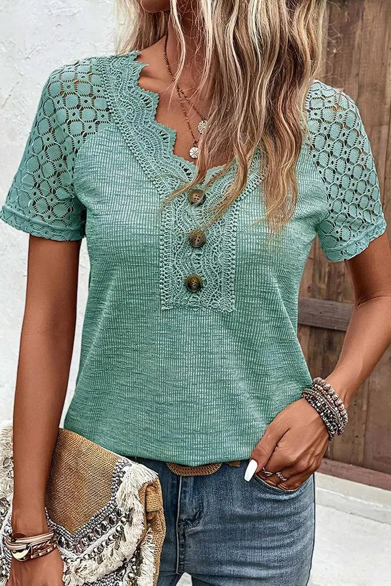 Rib-Knit Contrast Lace Button Detail Short Sleeve T-Shirt