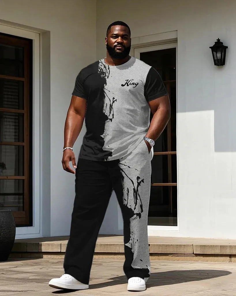 Men'S Big  Tall Street Fashion Black Ink-Throwing Small Label Printed Short-Sleeved T-Shirt Trousers Set