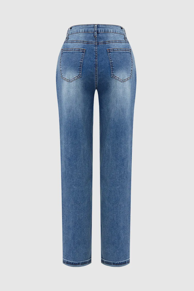 Roll Hem Mid Waist Crop Straight Leg Jeans Without Belt