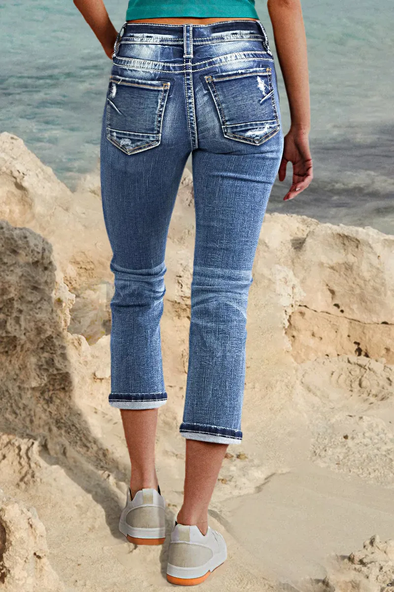 Wash Stretchy Ripped Detail Low Waist Capri Jeans