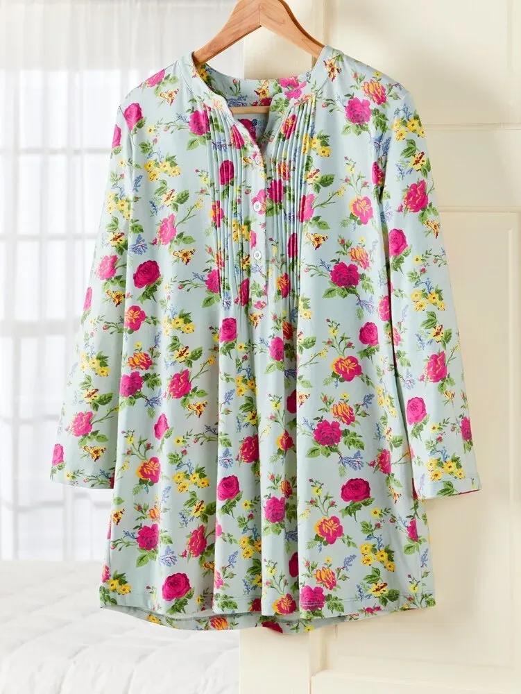 Ella Simone Soft Knit Floral Pintuck Cotton and Modal Tunic