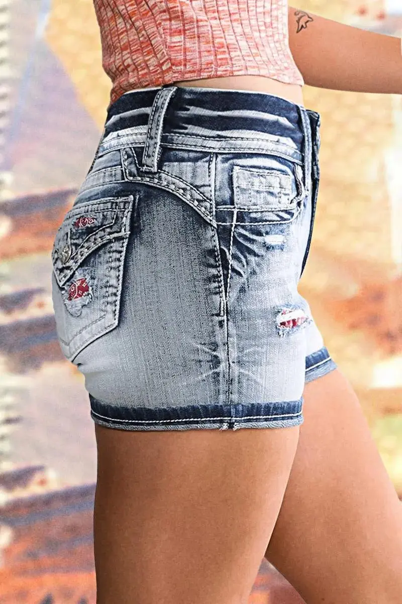 Wash Paisley Patched Ripped Mid Rise Denim Shorts