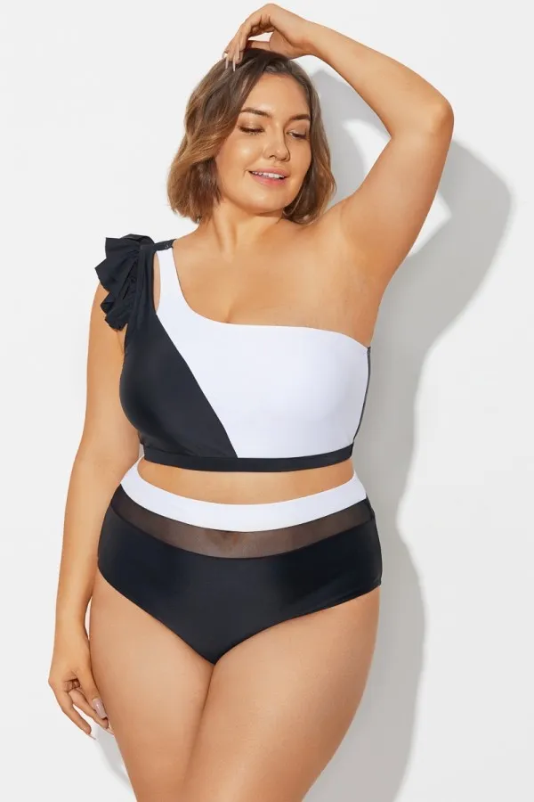 Black＆White Chic One Shoulder Bikini Top