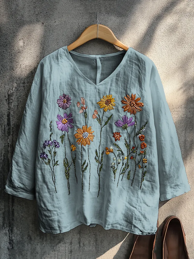 Boho Floral Embroidery Print Cotton And Linen Blend Loose Blouse