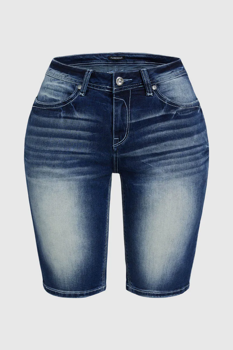 Washed Stretchy Stitch Detail Mid Rise Denim Bermuda Shorts