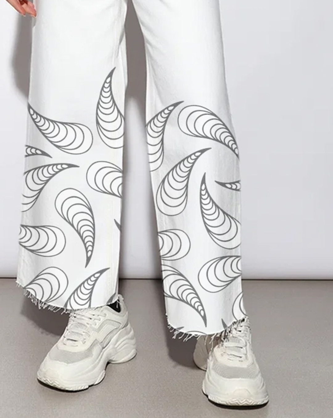 White Raw Edge Wide Leg Jeans with White Abstract Print