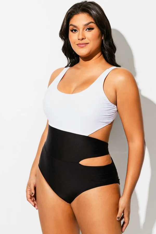 Plus Size Black＆White Colorblock Cutout One Piece Swimsuit