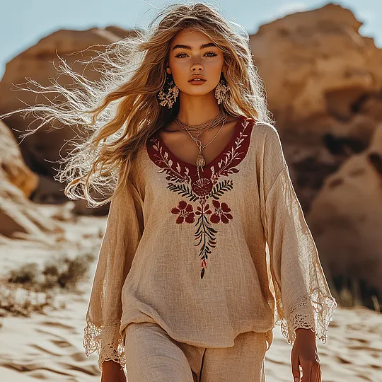Boho Floral Embroidery Print Cotton And Linen Blend Loose Blouse