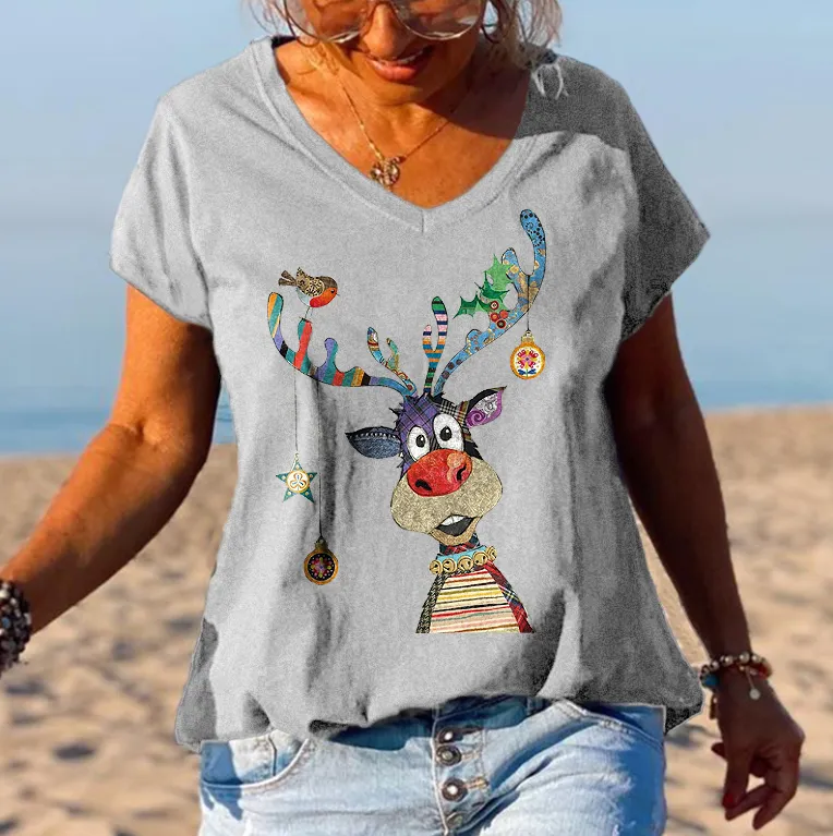 Christmas Lovely Elk Printed V-neck Women's T-shirt