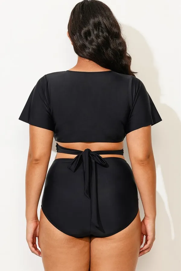 Black Solid V-Neck Ruched Bikini Top
